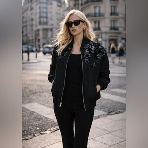 Embellished bomber jacket 3D floral sequin